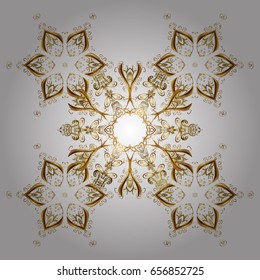 Winter, New Year, Christmas simple design on a white background. Snow crystal regular texture. Snowflake doodles. Vector with stylized gold snowflakes.