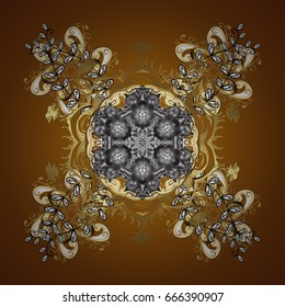 Winter, New Year, Christmas simple design on a brown background. Vector with stylized gold snowflakes. Snow crystal regular texture. Snowflake doodles.