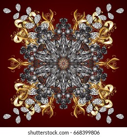 Winter, New Year, Christmas simple design on a brown background. Snowflake doodles. Vector with stylized gold snowflakes. Snow crystal regular texture.