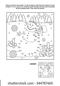 Winter, New Year Or Christmas Themed Connect The Dots Picture Puzzle And Coloring Page - Snowman. Answer Included.
