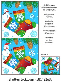 Winter, New Year or Christmas visual puzzle: Find the seven differences between the two pictures with knitted socks (plus same task text in Russian, German, Spanish and French). Answer included.