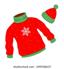 Winter new year clothes red sweater and hat isolated on white background. Stock vector illustration. 