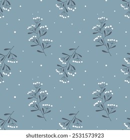 Winter New Year cold pattern with branches and snow, blue branches with white berry on blue background. Vector illustration