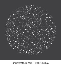 Winter, New Year or cosmic, night sky background. Round, circle shape made of hand drawn falling snow, stars, sparks, uneven dots, snowflakes, splash, spray, paint splatter texture. Design element.