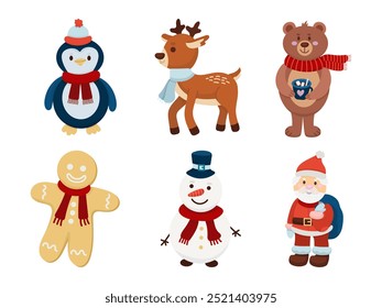 Winter New Year cute animals and characters cartoon- deer, Santa Claus, penguin, bear, gingerbread man, snowman. 