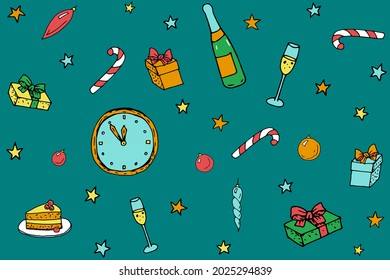 Patrón de doodle de invierno de Año Nuevo. La decoración de las fiestas navideñas presenta champán. Esbozo de dibujo a mano de papel envolvente con moras. Ilustración vectorial gráfica de dibujos animados