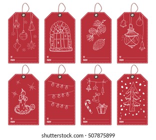 Winter and New Year gift tags set. Hand drawn sketch greeting cards template with doodles festive elements. Vector illustration