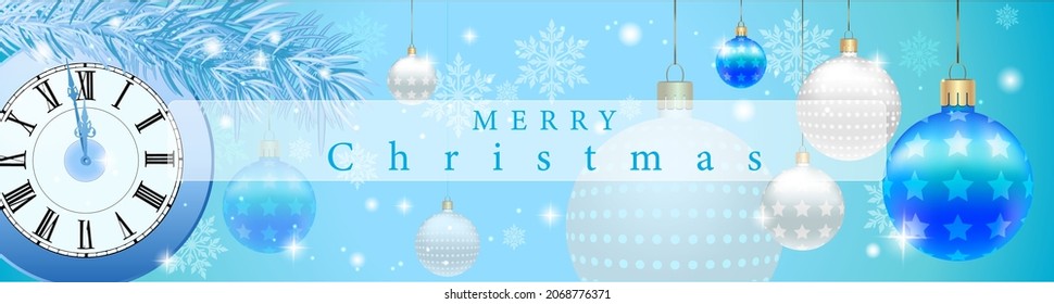 winter new year holiday holidays christmas balls Christmas tree gifts clock time snowflakes blue background