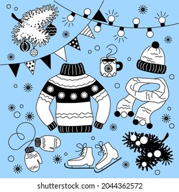Vacaciones de invierno de Año Nuevo. Un vector establecido en un fondo aislado. Cómodos garabatos con dibujos de ropa de invierno y decoración festiva son adecuados para postales, pegatinas, huellas de Navidad.