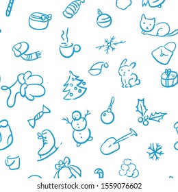 Winter new year lineal background. Seamless pattern for winter and christmas theme in blue color. Vector illustration.