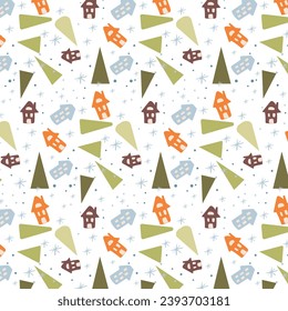 Winter New Year pattern with houses, snowflakes and fir trees. The elements are arranged chaotically. Ideal for cards, posters, prints, packaging, fabric, clothing. Vector image.