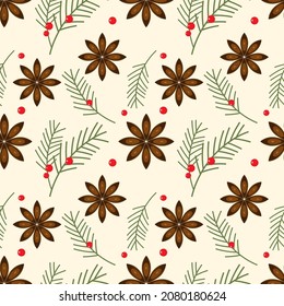 Winter New Year pattern star anise fir coniferous branch juniper red berry. Background, backdrop, packaging, textiles.