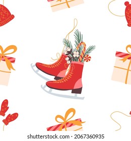 Winter new year pattern vector hand drawing holiday christmas illustration with skates candy gifts for fabric gift paper print in red green yellow white colors. Vector illustration. Vector