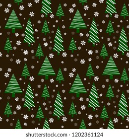 winter, new year seamless pattern with fir trees and snowflakeson a black background . Flat style. christmas background  Wallpaper Texture. Digital Or Wrapping Paper.