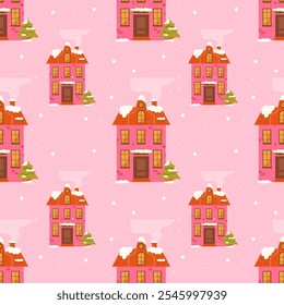 Winter New Year seamless pattern with city houses. Vector illustration