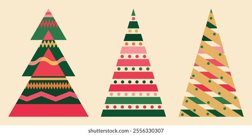 Winter new year set: three geometric christmas trees. Doodle vector hand drawn, not AI illustration in green, yellow, pink, beige, orange colours for cards, banners, wallpaper, textile, background