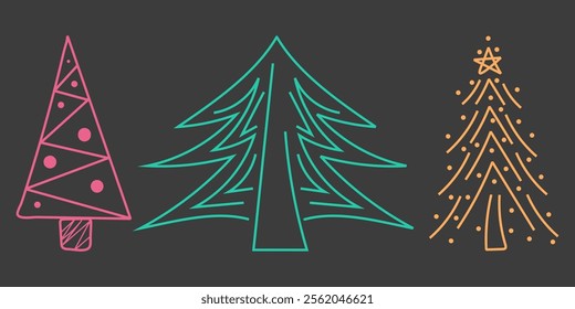 Winter new year set: three geometric christmas trees. Doodle vector hand-drawn, not AI illustration in blue, yellow, pink, grey colours for cards, banners, wallpaper, textile, background, holiday	
