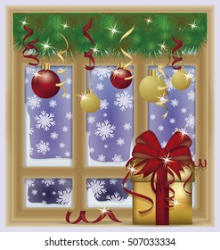 Winter New Year snow window, vector illustration