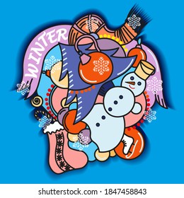 winter new year vector illustration with snowman, fir tree, christmas sock, garlands and christmas tree decorations
