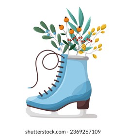 Winter New Year vector illustration on white isolated background. Festive Christmas illustration with figure skate and winter twigs with berries. Doodle, minimalist, flat style.