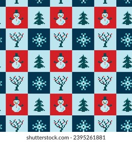 Winterneujahr Vektor nahtlose Muster in Grün. Neue Jahre Pixelhintergrund mit Schneemann, Baum, Schnee und Geschenk. Für Grußkarten, Geschenkpapier, Wallpaper.