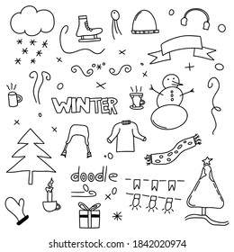 Winter, new year, xmas, christmas doodles, roughly hand drawn, handmade collection of End year, holiday related icons EPS Vector