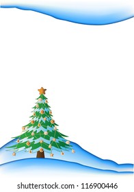 Winter. New Year's card on blue background with snow, snowflakes and trees. Vector version 10 EPS.