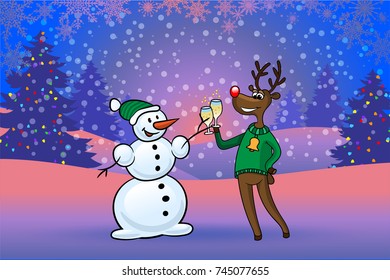 Winter New Year's forest background. Snowman and Deer. Vector illustration. Suitable for Christmas and New Year card.
