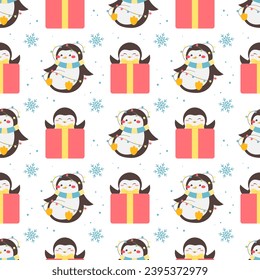 Winter, New Year's pattern for children with cute penguins, garland, gifts and snowflakes. Vector seamless pattern in flat style on white background