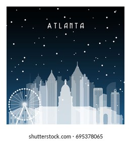 Winter night in Atlanta. Night city in flat style for banner, poster, illustration, game, background.