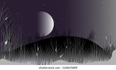 El fondo de la noche de invierno con una gran luna y ramas nevadas de arbustos y árboles. Ilustración vectorial.