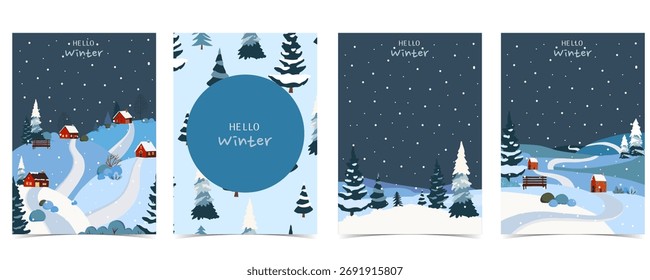 Winter night background with house,pine tree in forest for Merry Christmas and happy new year invitation card
