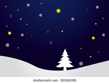 Winter Night Background With Snow And Tree And Stars
