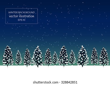 Winter night background with snowfall and fir trees in snow. Vector illustration.
