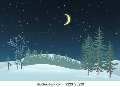 Winter Night Background. Theme for New Year and Christmas. Night sky with moon and stars. Woodland hilly landscape. Vector illustration.
