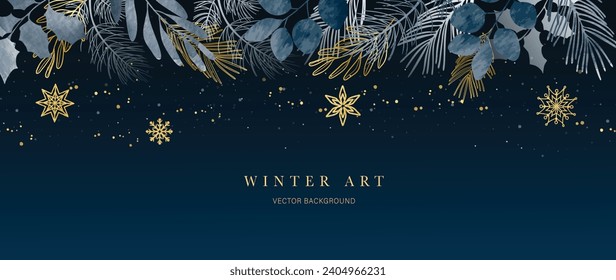 Winter night background vector. Hand painted watercolor and gold brush texture, foliage, pine leaves, glitter, snowflake, twinkling stars. Abstract art design for wallpaper, wall art, cover, banner.