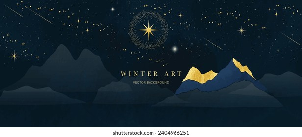 Vector de fondo nocturno de invierno. Colores de agua pintados a mano y textura de pincel dorado, montaña, colina, meteorito, estrellas brillantes. Resumen de diseño artístico para tapicería, arte mural, cubierta, banner, decoración.