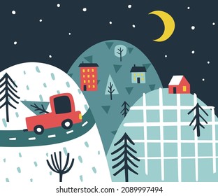 Winter night before christmas abstract scene with pickup car, hills, houses, trees. Mountain valley baby scribble stylized. 
