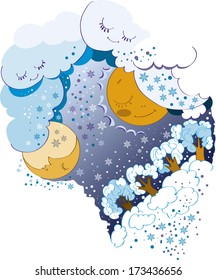 Winter night. Behind snow clouds the sun and the moon hide.
