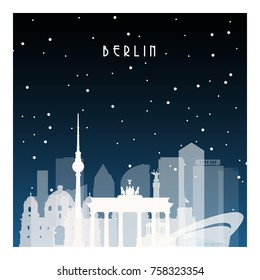 Winter night in Berlin. Night city in flat style for banner, poster, illustration, game, background.