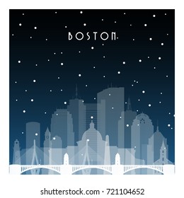 Winter night in Boston. Night city in flat style for banner, poster, illustration, game, background.