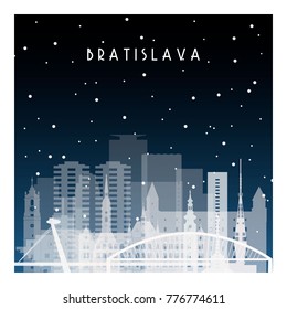 Winter night in Bratislava. Night city in flat style for banner, poster, illustration, background.