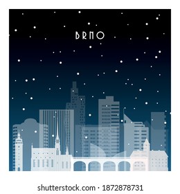 Winter night in Brno. Night city in flat style for banner, poster, illustration, background.