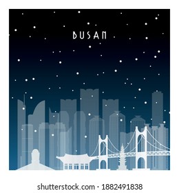 Winter night in Busan. Night city in flat style for banner, poster, illustration, background.