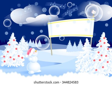 Winter night cartoon landscape background with Snowman in Santa hat and Bird. Snowman look to billboard which there is a place for text. Snow-covered fir trees around. Vector illustration.