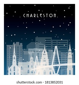 Winter night in Charleston. Night city in flat style for banner, poster, illustration, background.