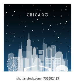 Winter night in Chicago. Night city in flat style for banner, poster, illustration, game, background.