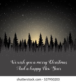 Winter night. Christmas card with a silhouette of the forest and the starry sky.
