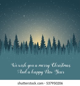 Winter night. Christmas card with a silhouette of the forest and the starry sky.