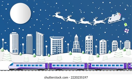 Winter night Christmas city Winter landscape with train paper cut-out and fir trees in snow Festive horizontal banner with city and flying Santa's sleigh with gifts in night sky, snowfall moon and fir